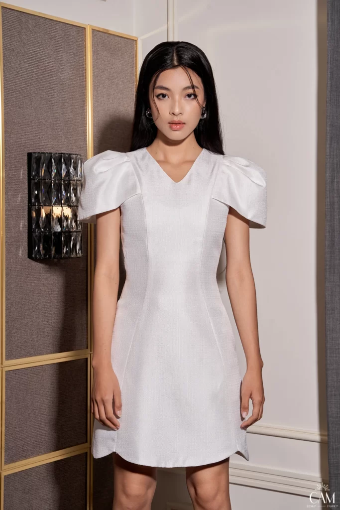 Váy Chữ A Tay Phồng Thiết Kế D046-trắng